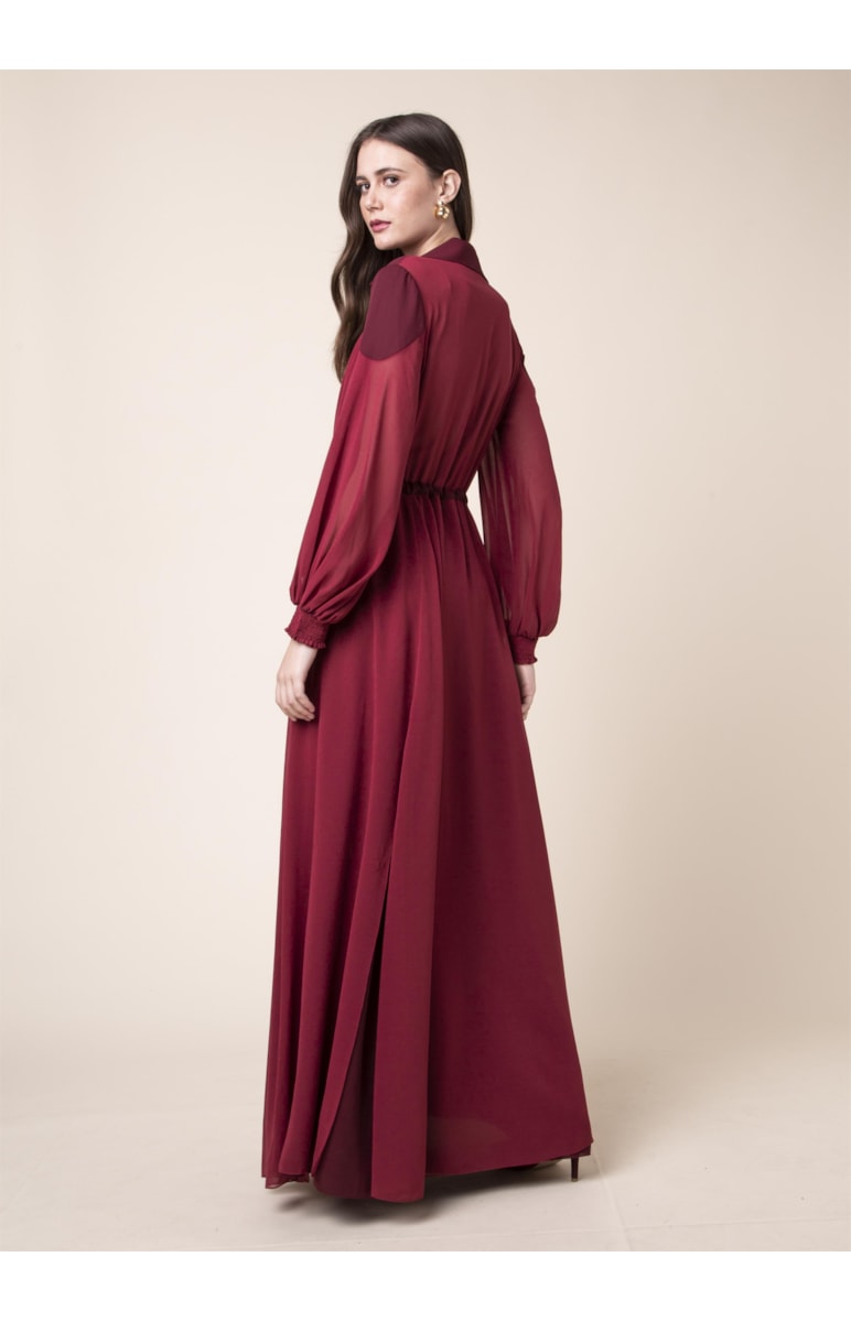 Vestido Longo Recortes Vinho