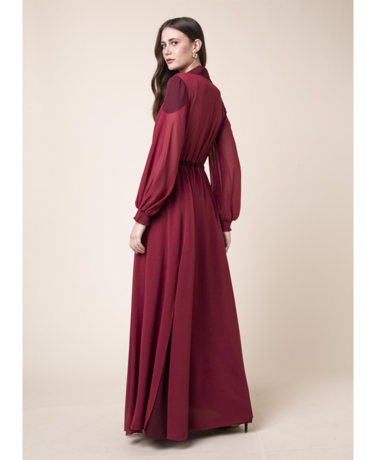 Vestido Longo Recortes Vinho