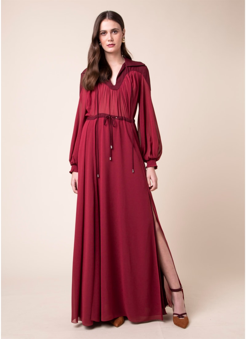 Vestido Longo Recortes Vinho