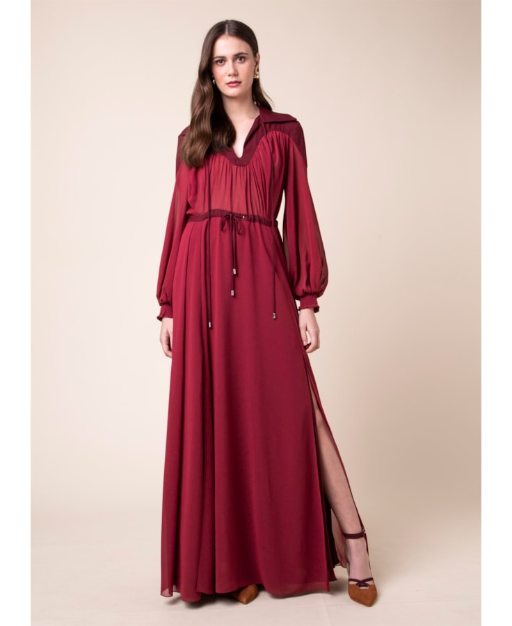 Vestido Longo Recortes Vinho