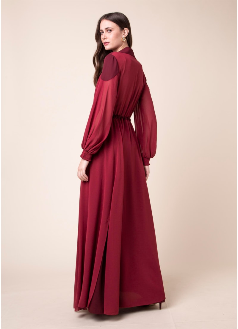 Vestido Longo Recortes Vinho