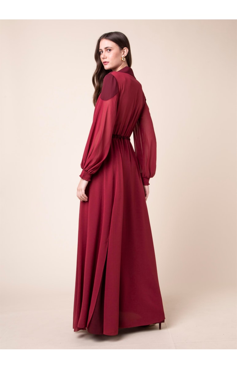 Vestido Longo Recortes Vinho