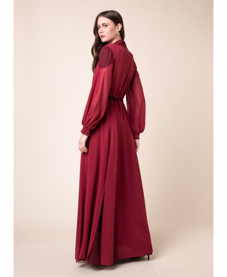 Vestido Longo Recortes Vinho