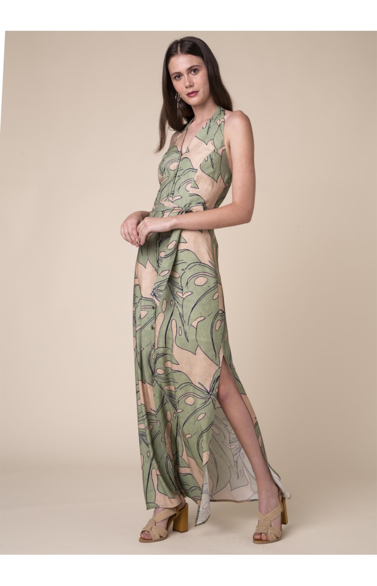 Vestido Longo Splitz Estampado Musgo