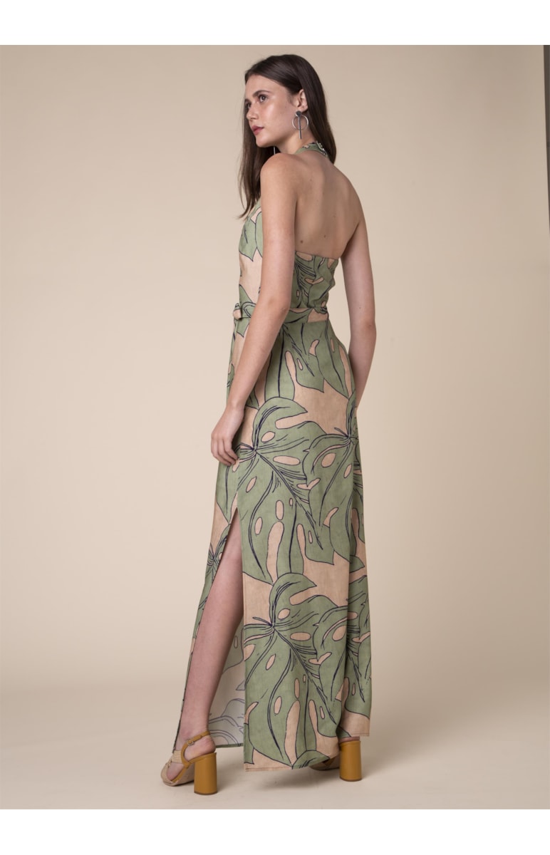 Vestido Longo Splitz Estampado Musgo