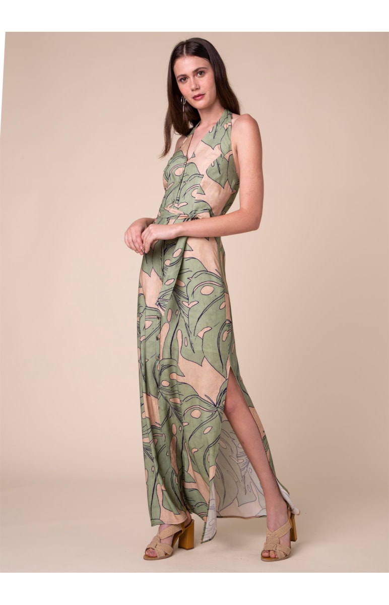 Vestido Longo Splitz Estampado Musgo