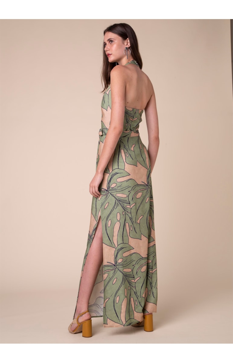 Vestido Longo Splitz Estampado Musgo