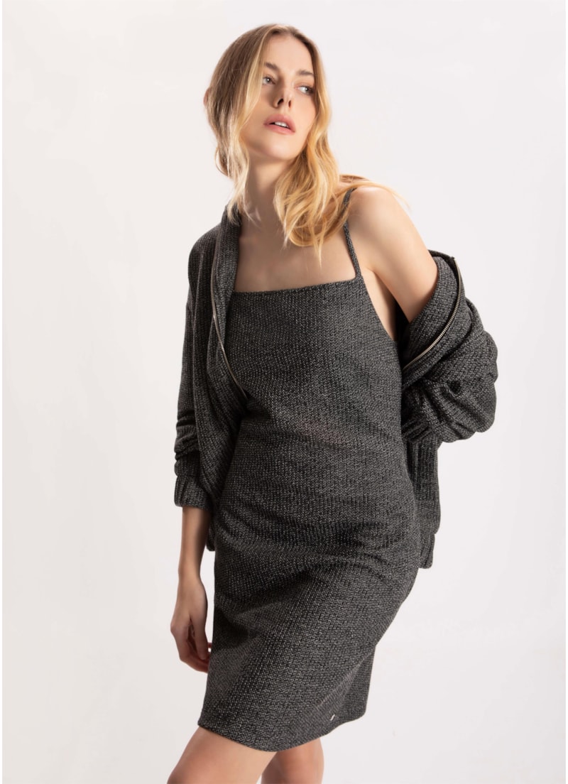 Vestido Malha Tweed Decote Reto Preto