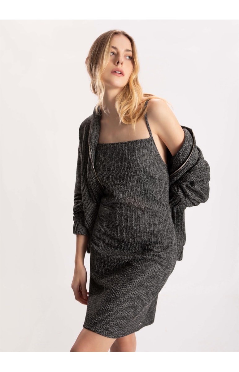 Vestido Malha Tweed Decote Reto Preto