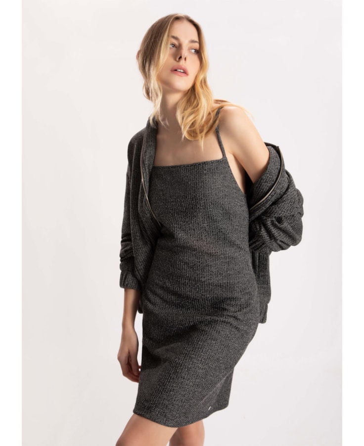 Vestido Malha Tweed Decote Reto Preto