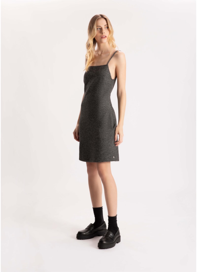Vestido Malha Tweed Decote Reto Preto
