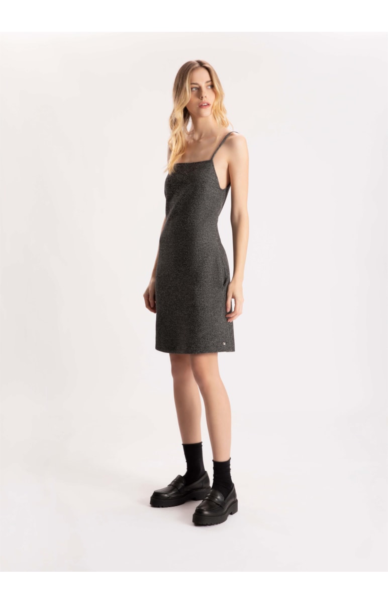 Vestido Malha Tweed Decote Reto Preto