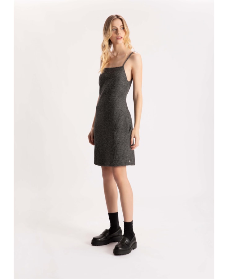 Vestido Malha Tweed Decote Reto Preto