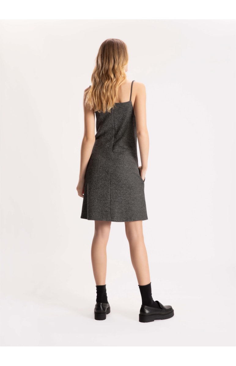 Vestido Malha Tweed Decote Reto Preto