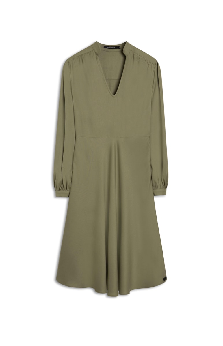 Vestido Manga Longa Decote v Viscose Verde Oliva