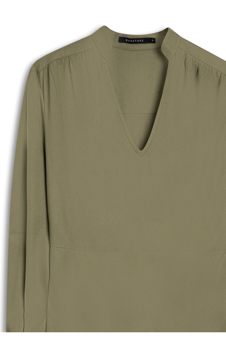 Vestido Manga Longa Decote v Viscose Verde Oliva