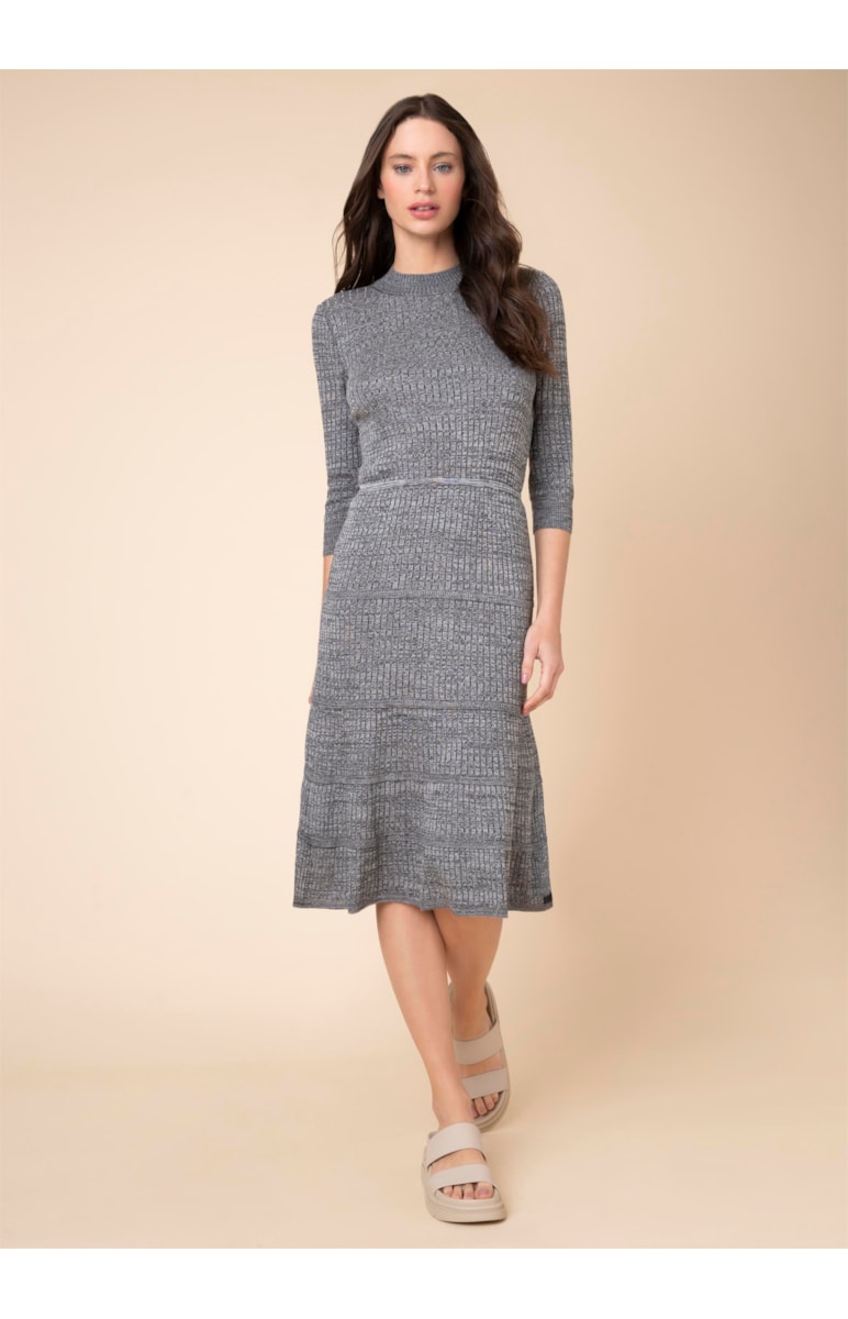 Vestido Midi Gola Alta Canelado Cinza Mescla