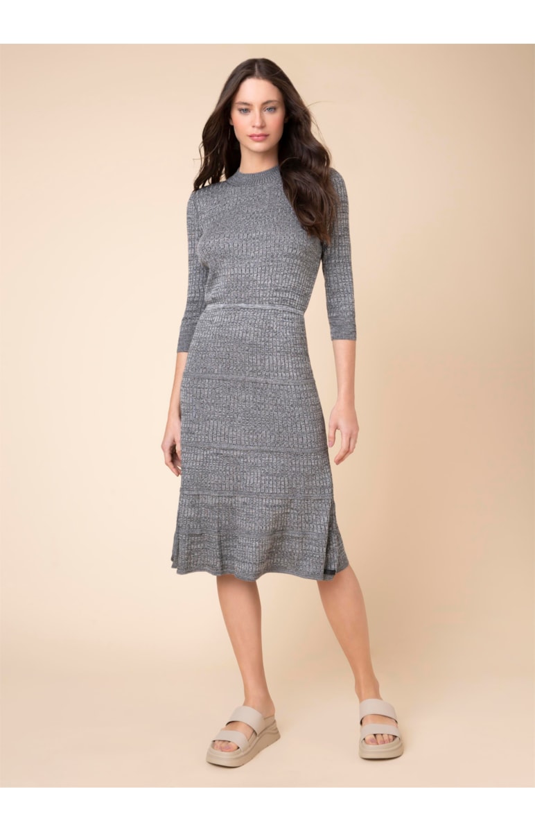 Vestido Midi Gola Alta Canelado Cinza Mescla