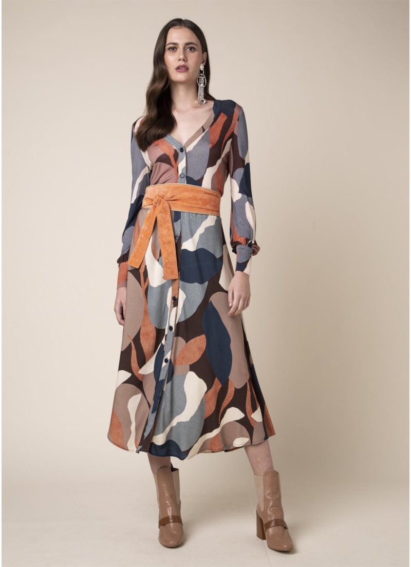 Vestido Midi Leaves Est. Leaves Marrom