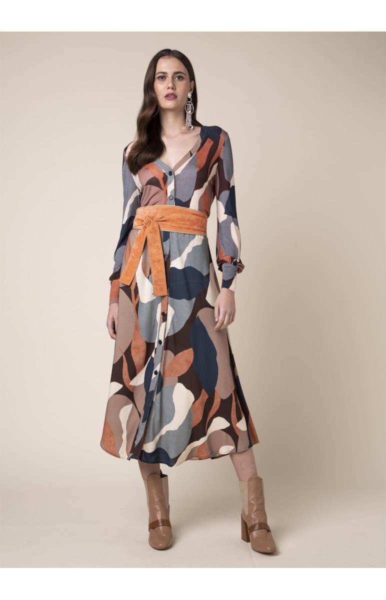 Vestido Midi Leaves Est. Leaves Marrom