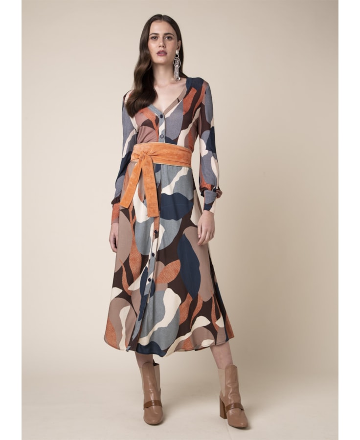 Vestido Midi Leaves Est. Leaves Marrom