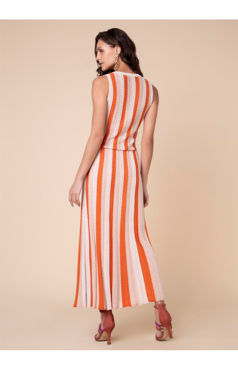 Vestido Midi Listrado Bege