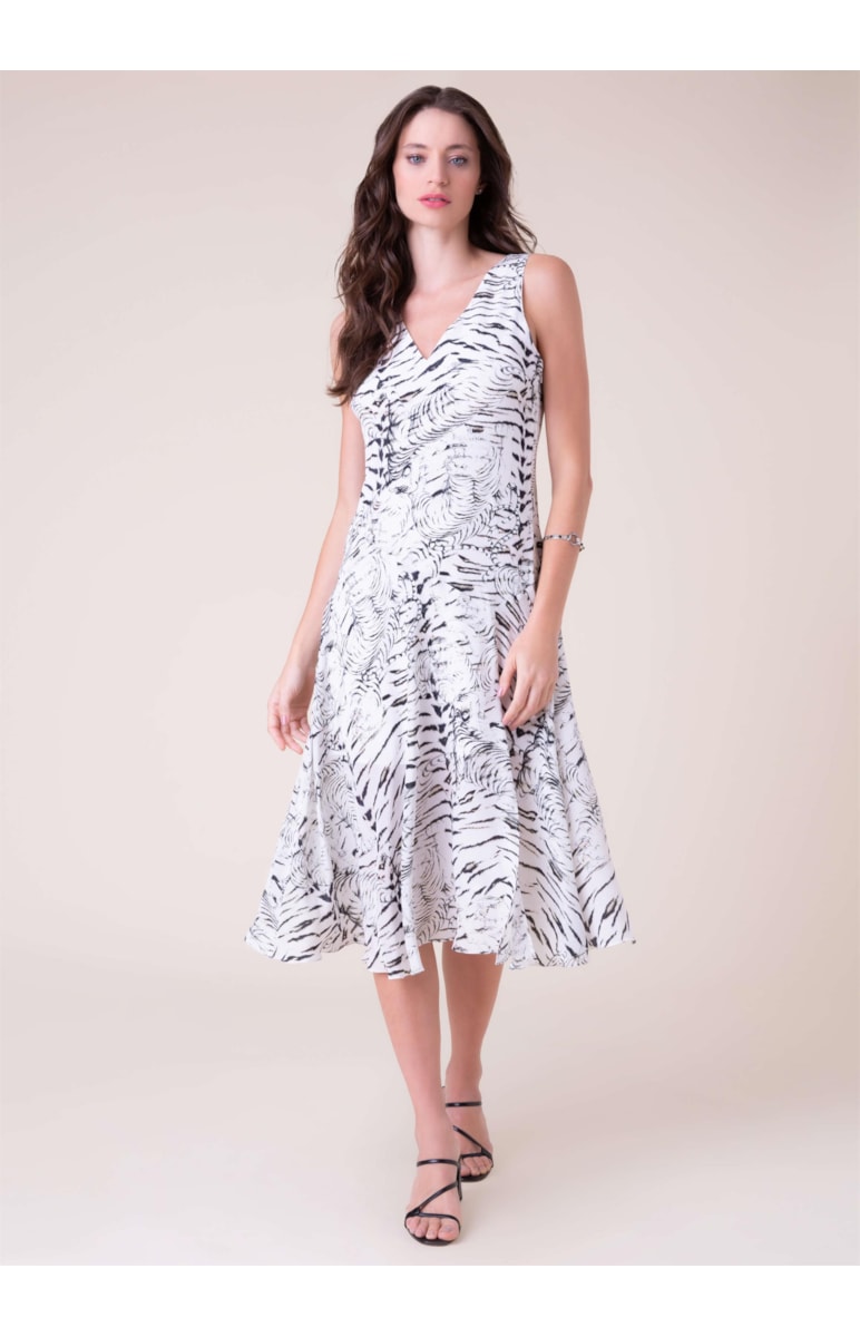 Vestido Midi Seda Animal Print Branco