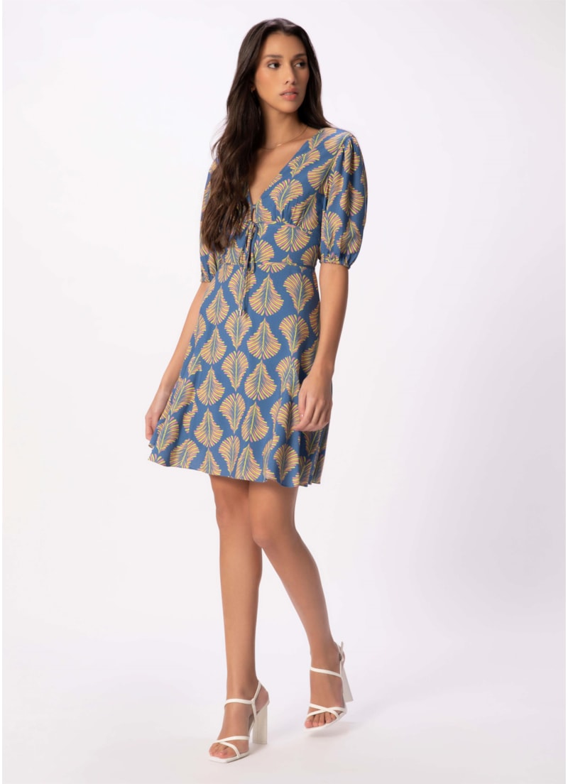 Vestido Palms Manga Curta Nesgas Azul Bic