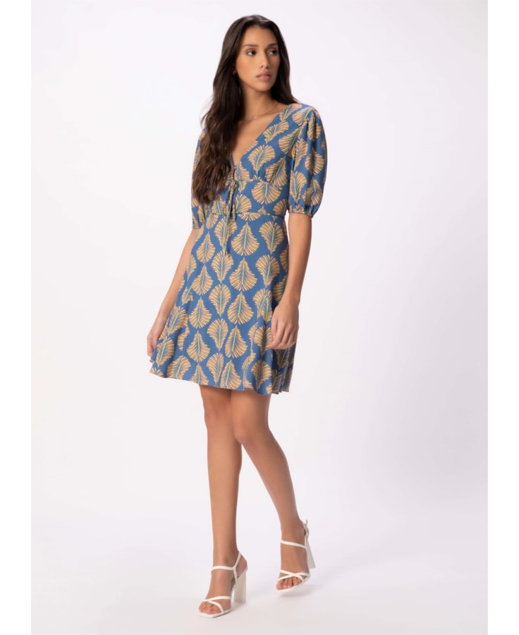 Vestido Palms Manga Curta Nesgas Azul Bic