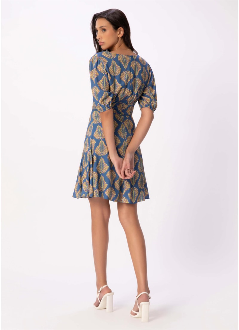 Vestido Palms Manga Curta Nesgas Azul Bic