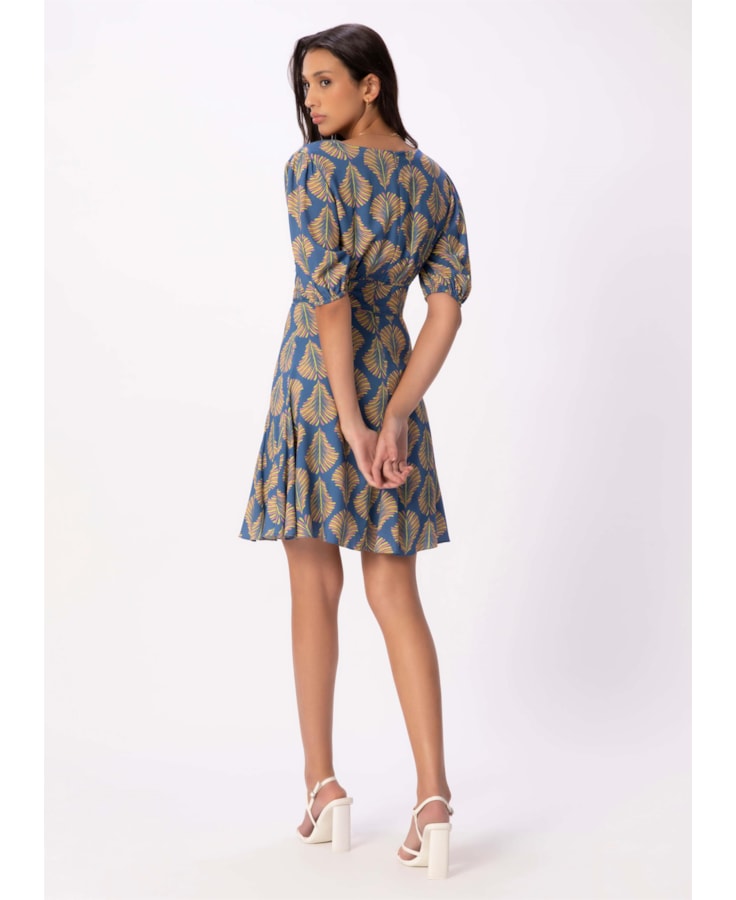 Vestido Palms Manga Curta Nesgas Azul Bic