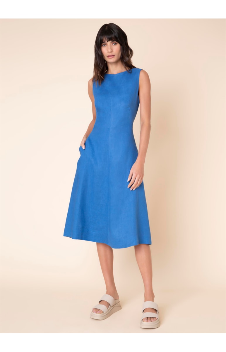 Vestido Puro Linho Godê Azul Bic