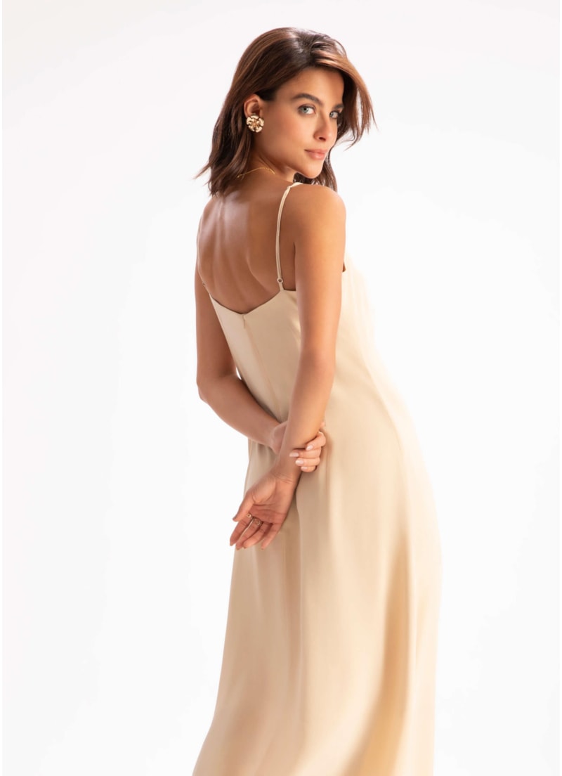 Vestido Seda Midi Franzido Areia