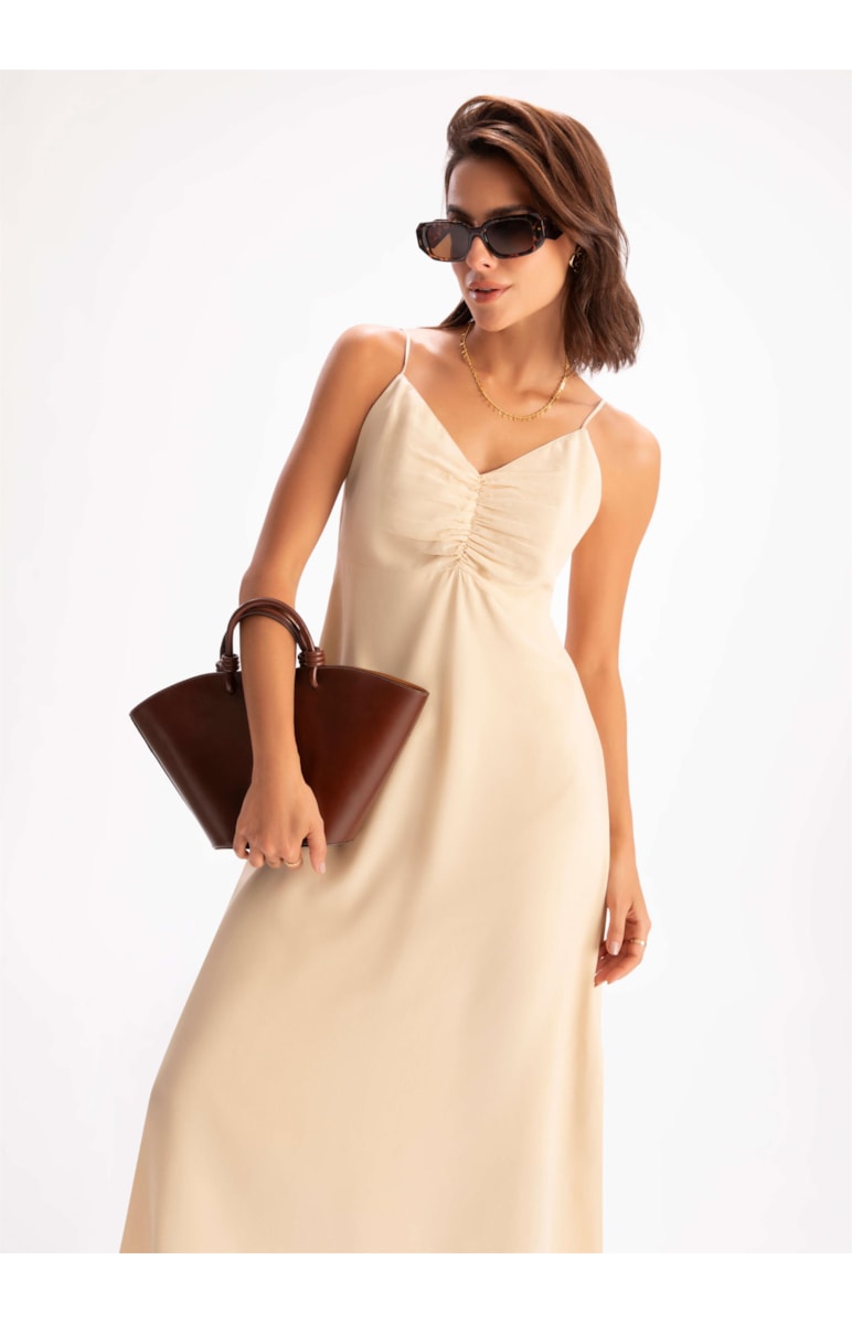 Vestido Seda Midi Franzido Areia
