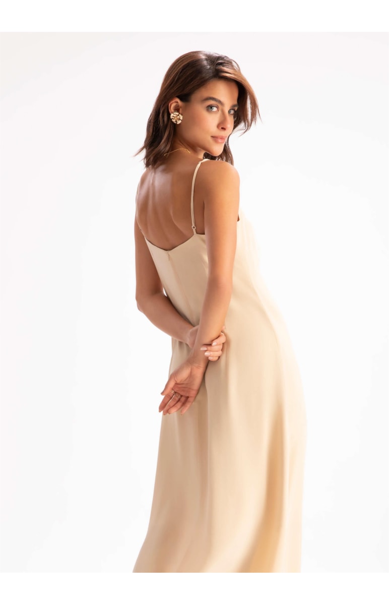 Vestido Seda Midi Franzido Areia
