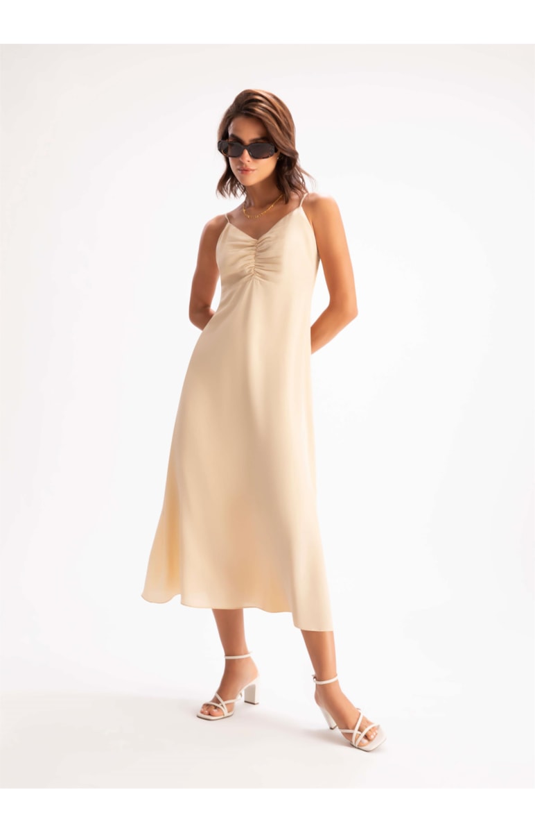 Vestido Seda Midi Franzido Areia