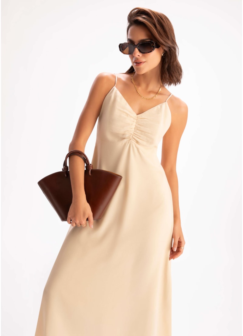 Vestido Seda Midi Franzido Areia