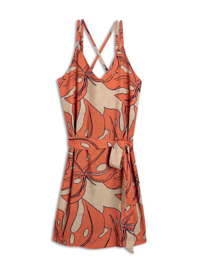 Vestido Tiras Splitz Estampado Laranja