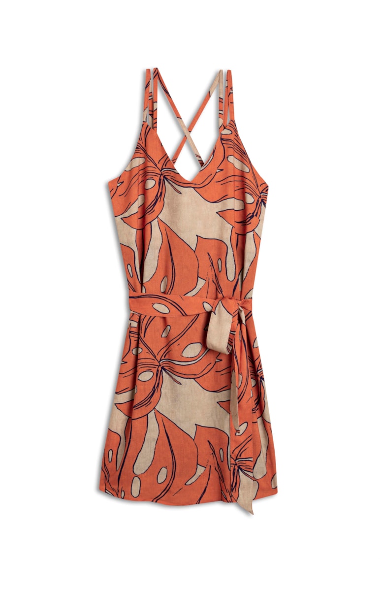 Vestido Tiras Splitz Estampado Laranja