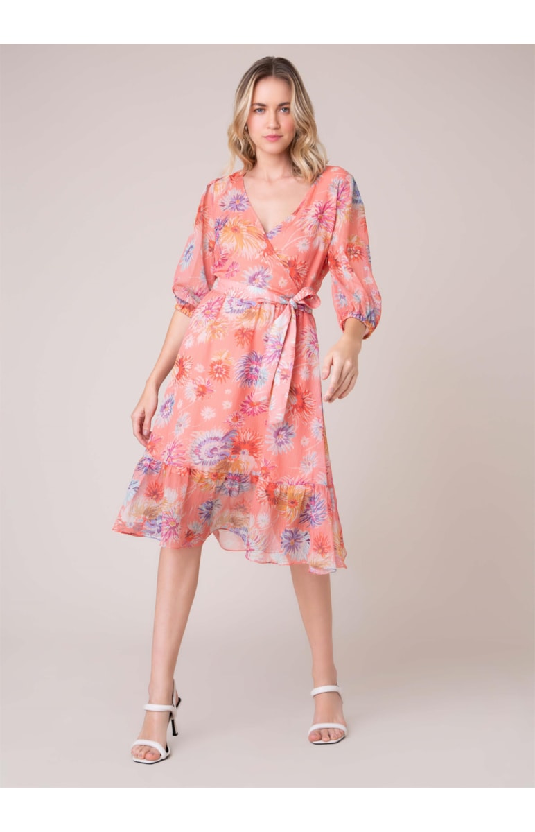 Vestido Wrap Chiffon Flowers Coral