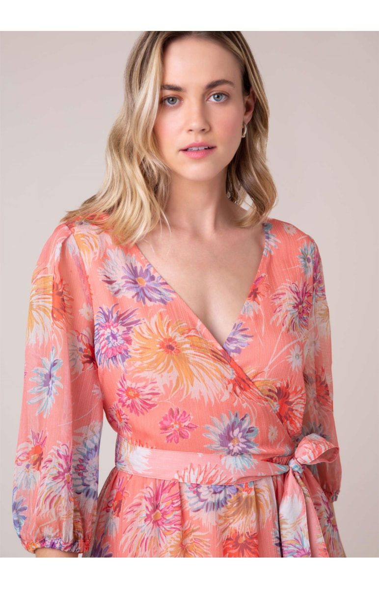 Vestido Wrap Chiffon Flowers Coral