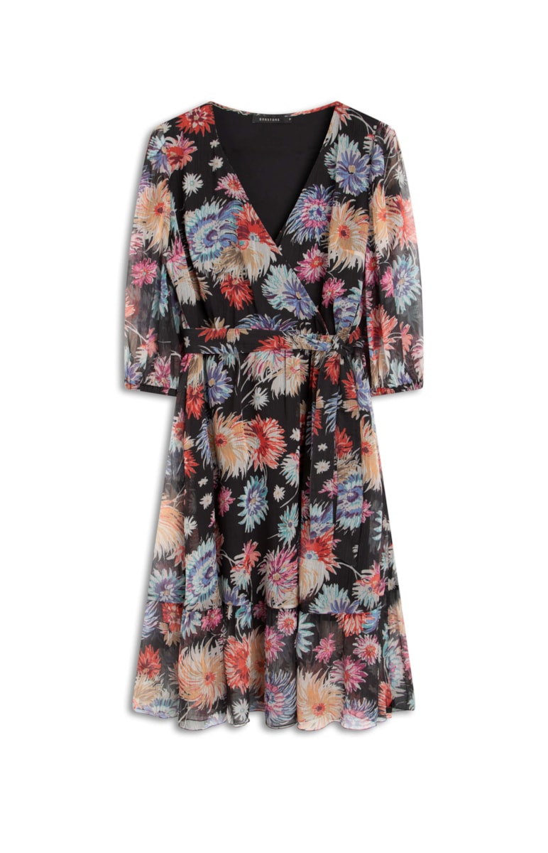 Vestido Wrap Chiffon Flowers Preto