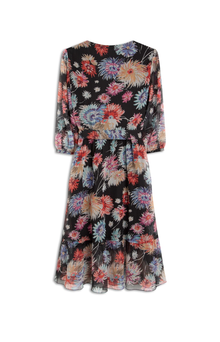 Vestido Wrap Chiffon Flowers Preto