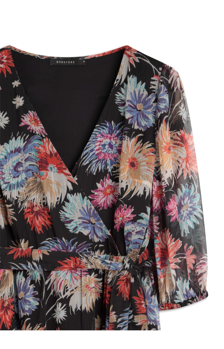 Vestido Wrap Chiffon Flowers Preto