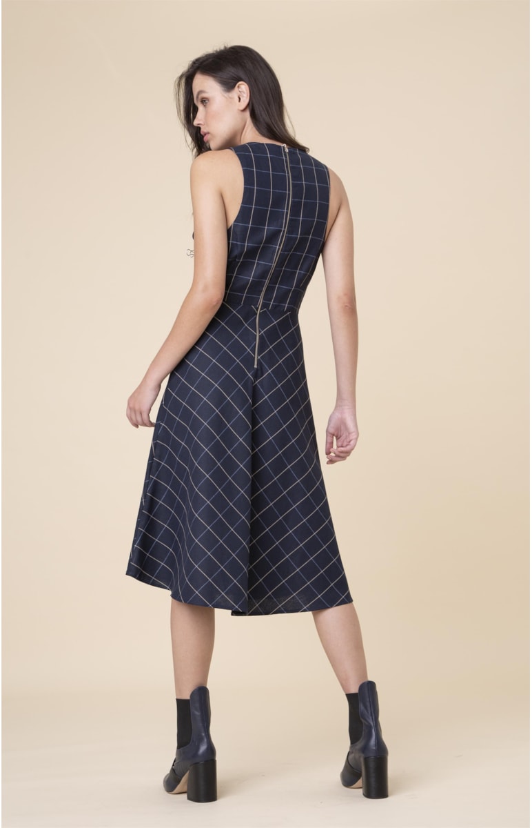 Vestido Xadrez Midi Marinho